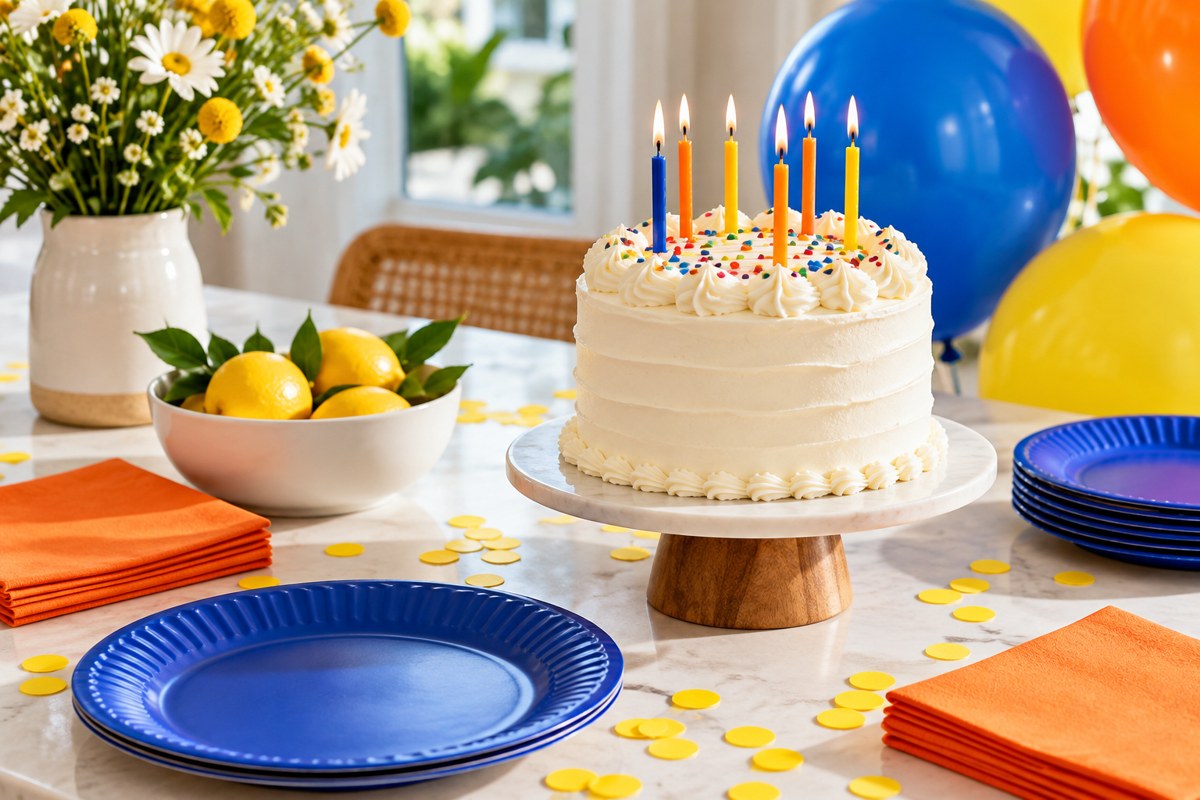 Colorful birthday cake and cheerful party decorations